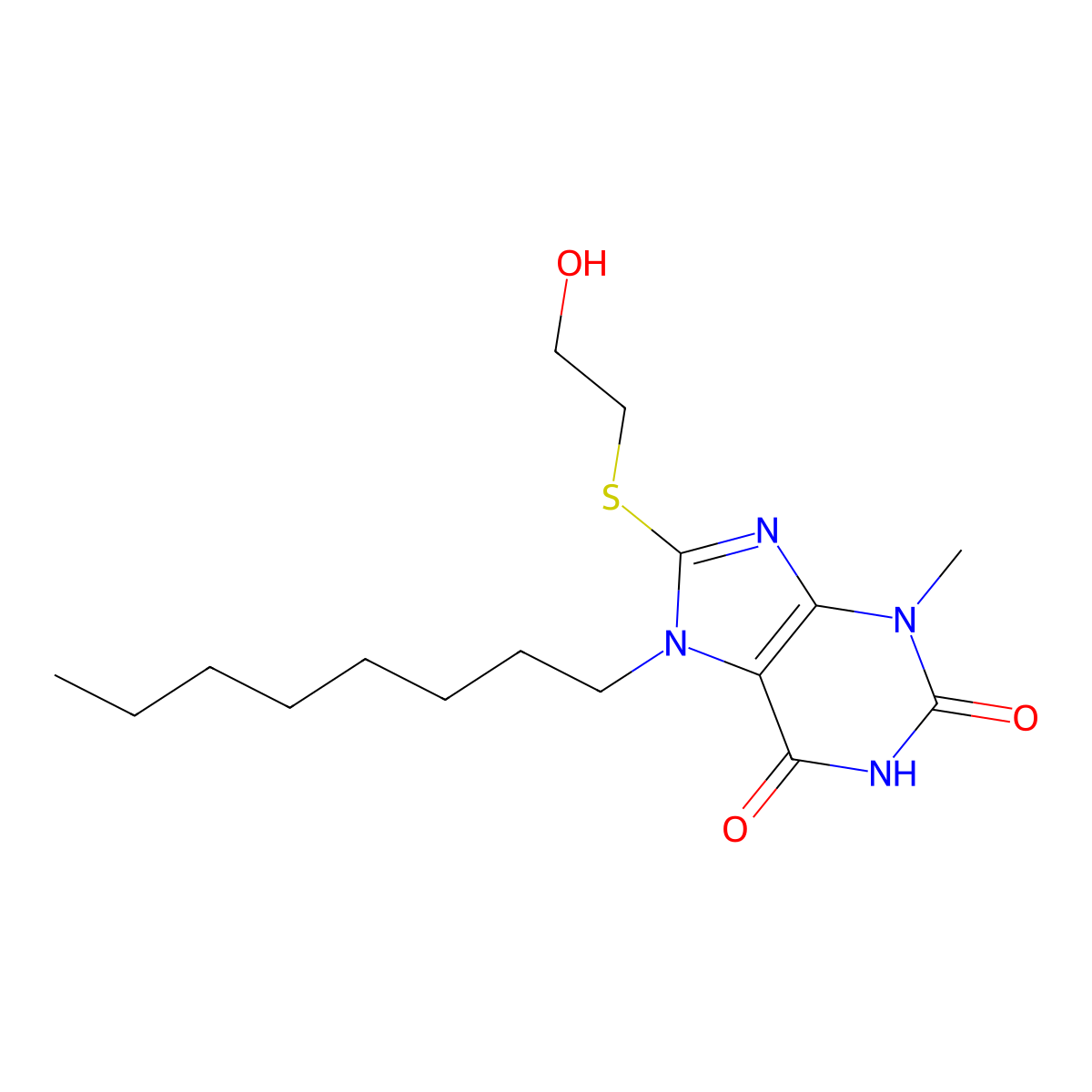 8-(2-Hydroxyethylsulfanyl)-3-methyl-7-octylpurine-2,6-dione molecular structure, CAS 316361-61-2