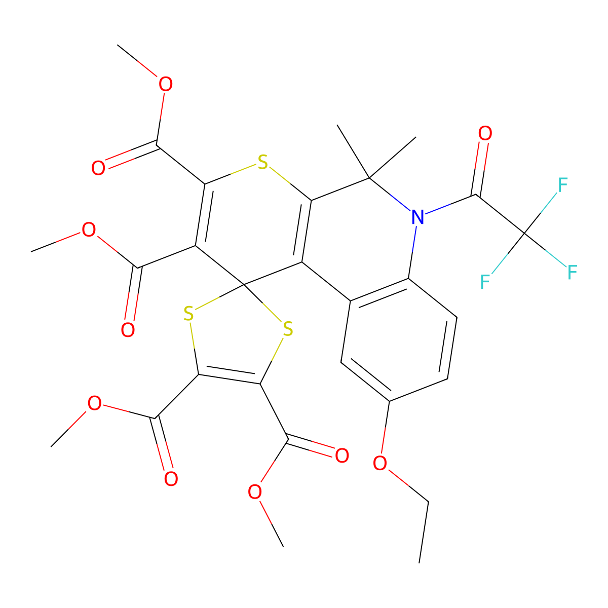 Tetramethyl 9'-ethoxy-5',5'-dimethyl-6'-(2,2,2-trifluoroacetyl)spiro[1,3-dithiole-2,1'-thiopyrano[2,3-c]quinoline]-2',3',4,5-tetracarboxylate molecular structure, CAS 316361-75-8