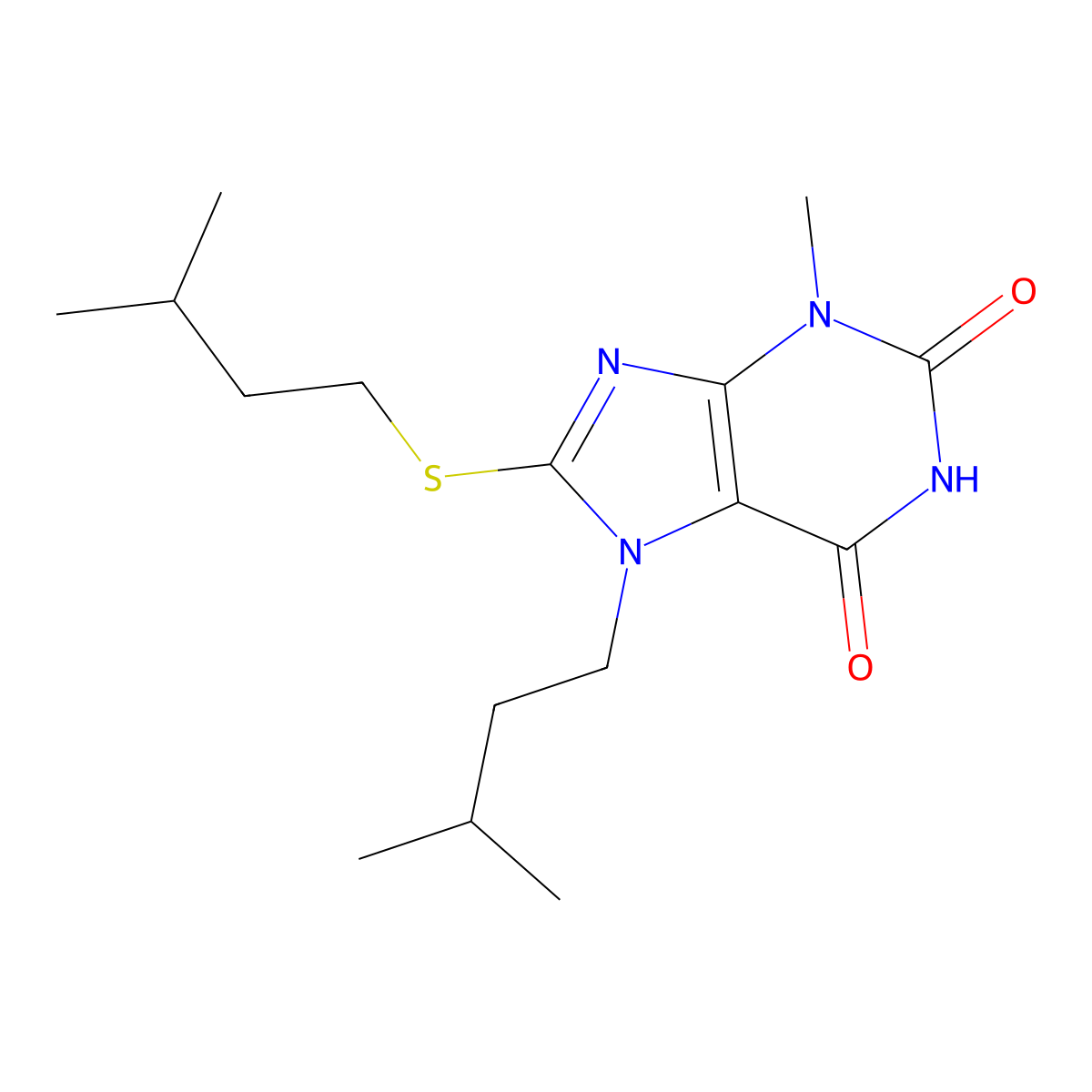 7-isopentyl-8-(isopentylthio)-3-methyl-1H-purine-2,6(3H,7H)-dione molecular structure, CAS 316361-93-0