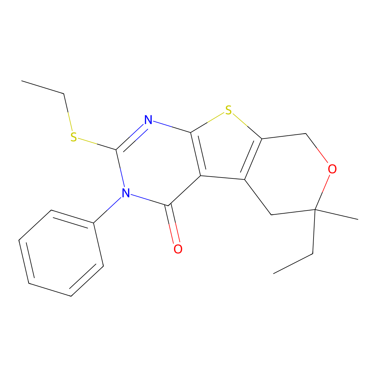 6-ethyl-2-(ethylsulfanyl)-6-methyl-3-phenyl-3,5,6,8-tetrahydro-4H-pyrano[4',3':4,5]thieno[2,3-d]pyrimidin-4-one molecular structure, CAS 316362-22-8