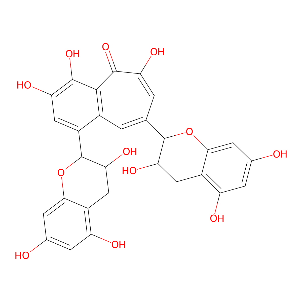 1-((2R,3R)-3,4-Dihydro-3,5,7-trihydroxy-2H-1-benzopyran-2-yl)-8-((2R,3S)-3,4-dihydro-3,5,7-trihydroxy-2H-1-benzopyran-2-yl)-3,4,6-trihydroxy-5H-benzocyclohepten-5-one molecular structure, CAS 31701-93-6