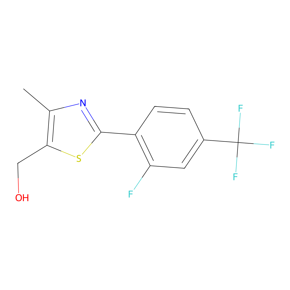 (2-(2-Fluoro-4-(trifluoromethyl)phenyl)-4-methylthiazol-5-yl)methanol molecular structure, CAS 317319-36-1