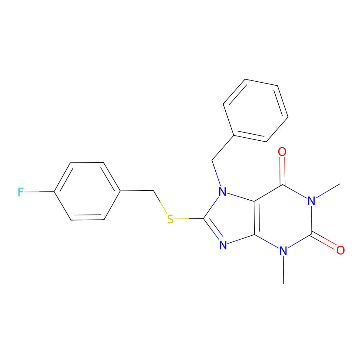 7-benzyl-8-((4-fluorobenzyl)thio)-1,3-dimethyl-1H-purine-2,6(3H,7H)-dione molecular structure, CAS 317326-04-8