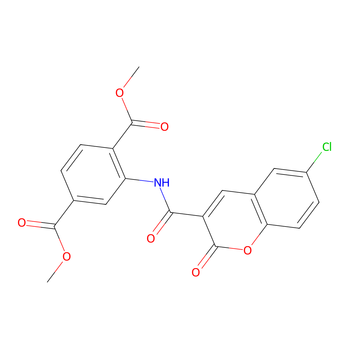 Dimethyl 2-[(6-chloro-2-oxochromene-3-carbonyl)amino]benzene-1,4-dicarboxylate molecular structure, CAS 317327-61-0