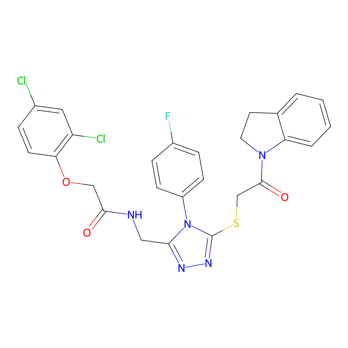 2-(2,4-dichlorophenoxy)-N-((4-(4-fluorophenyl)-5-((2-(indolin-1-yl)-2-oxoethyl)thio)-4H-1,2,4-triazol-3-yl)methyl)acetamide molecular structure, CAS 317328-55-5