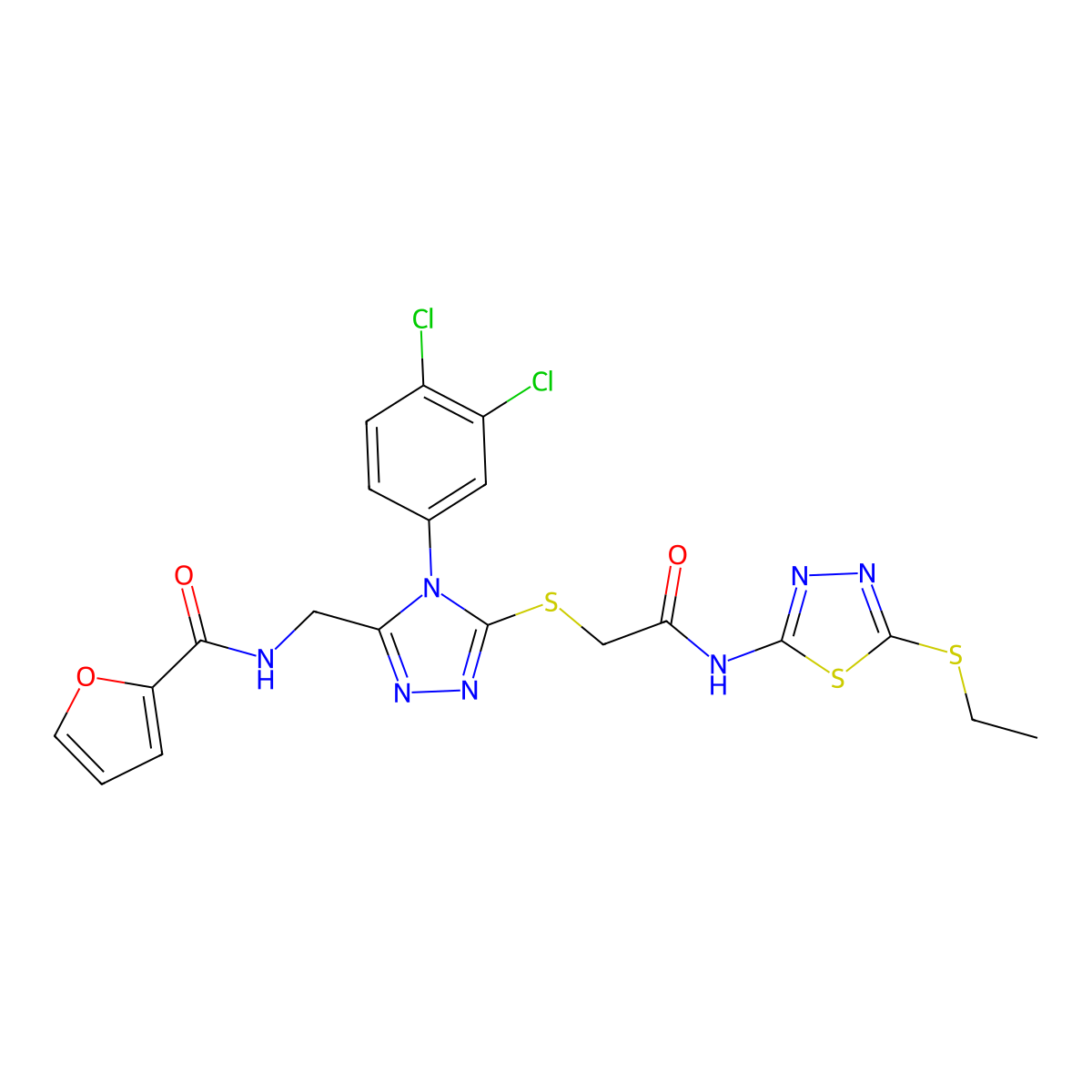 N-((4-(3,4-dichlorophenyl)-5-((2-((5-(ethylthio)-1,3,4-thiadiazol-2-yl)amino)-2-oxoethyl)thio)-4H-1,2,4-triazol-3-yl)methyl)furan-2-carboxamide molecular structure, CAS 317328-69-1
