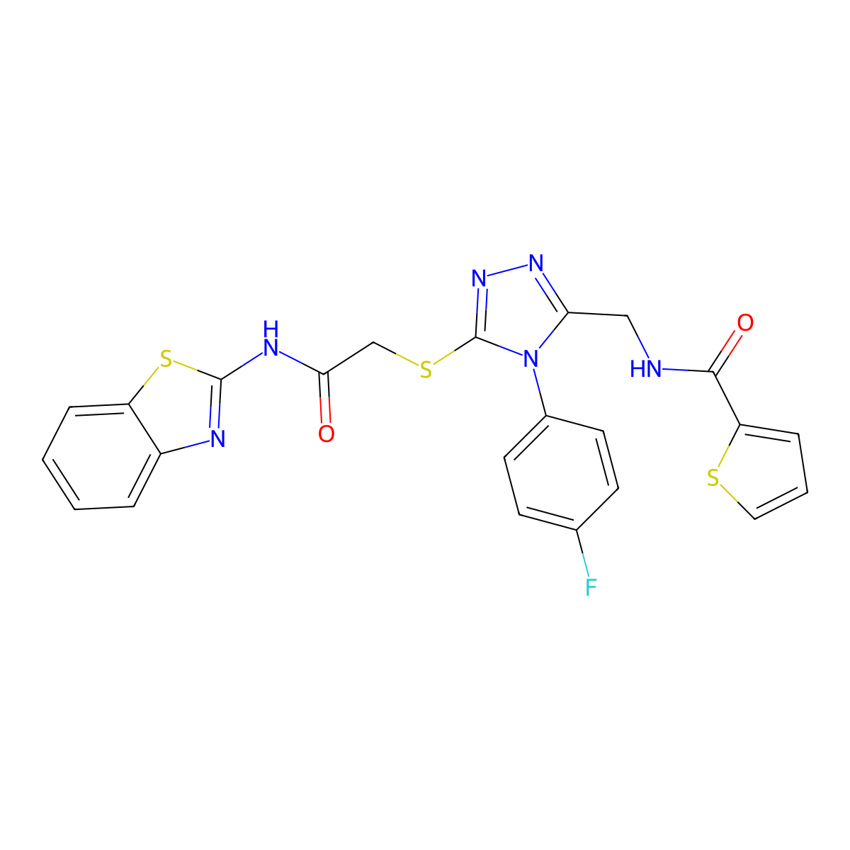 N-((5-((2-(benzo[d]thiazol-2-ylamino)-2-oxoethyl)thio)-4-(4-fluorophenyl)-4H-1,2,4-triazol-3-yl)methyl)thiophene-2-carboxamide molecular structure, CAS 317328-79-3