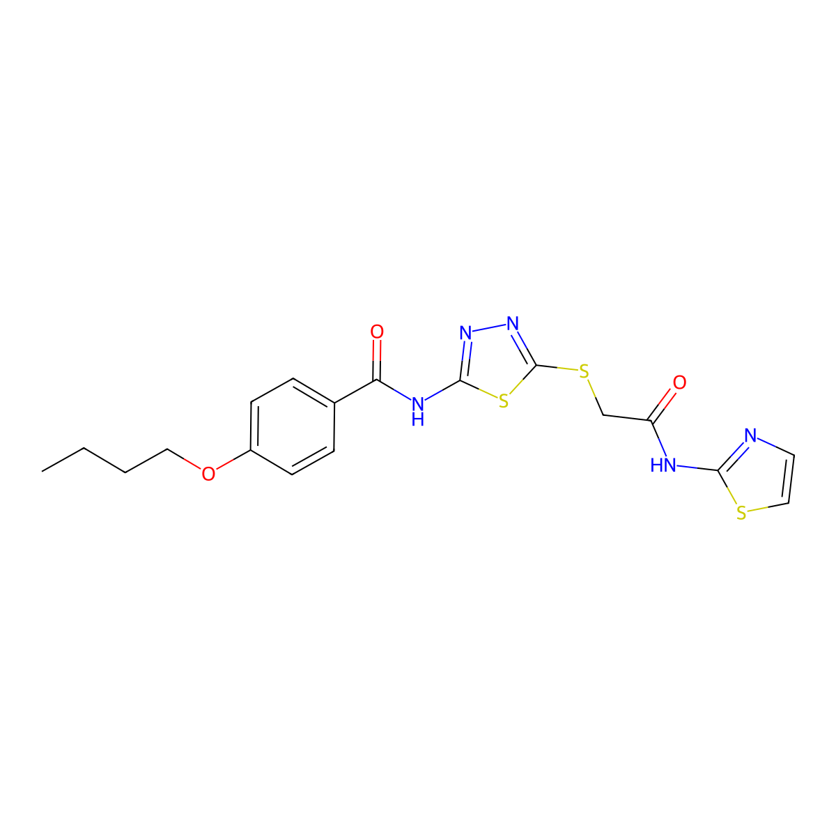 4-butoxy-N-(5-((2-oxo-2-(thiazol-2-ylamino)ethyl)thio)-1,3,4-thiadiazol-2-yl)benzamide molecular structure, CAS 317328-89-5