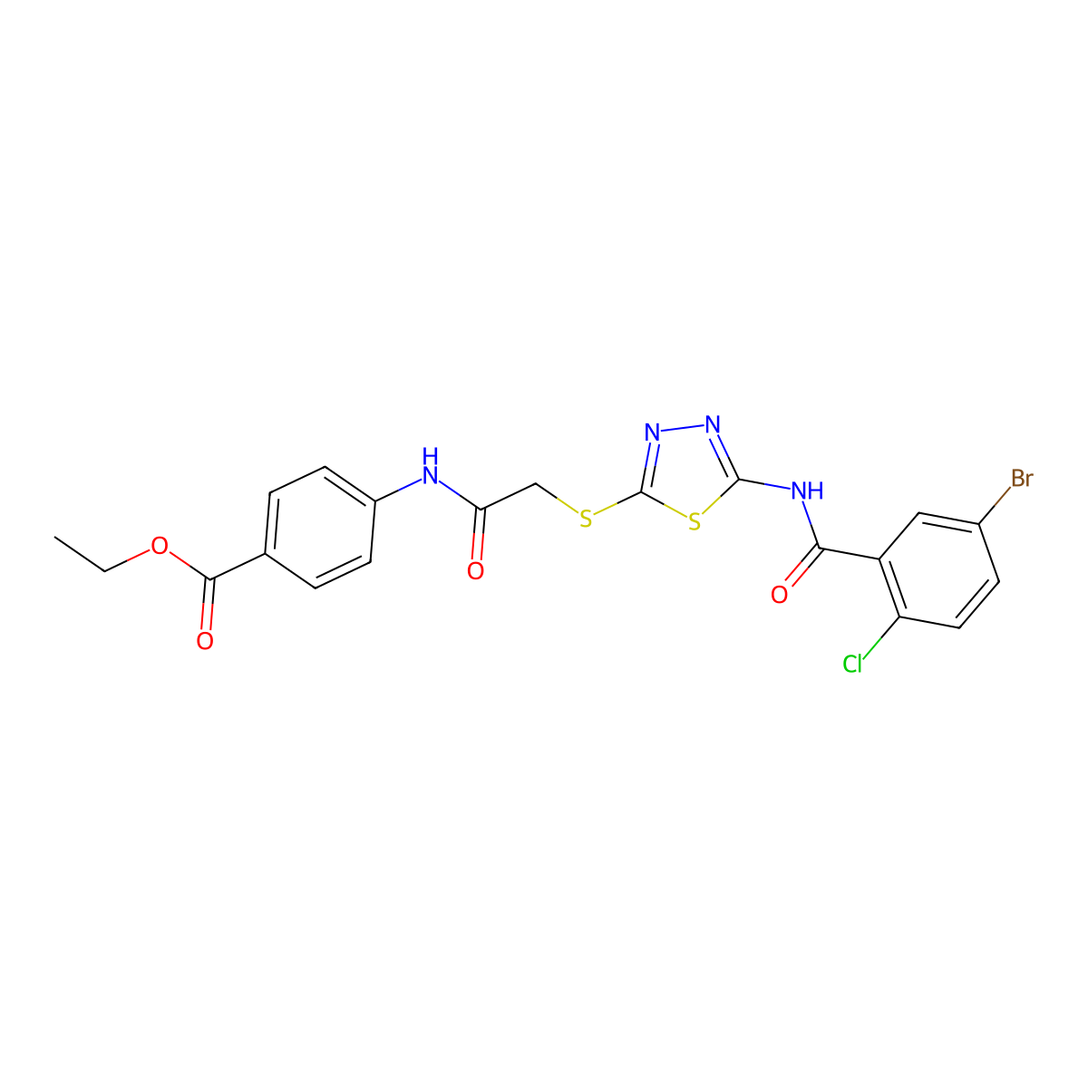 Ethyl 4-(2-((5-(5-bromo-2-chlorobenzamido)-1,3,4-thiadiazol-2-yl)thio)acetamido)benzoate molecular structure, CAS 317328-91-9