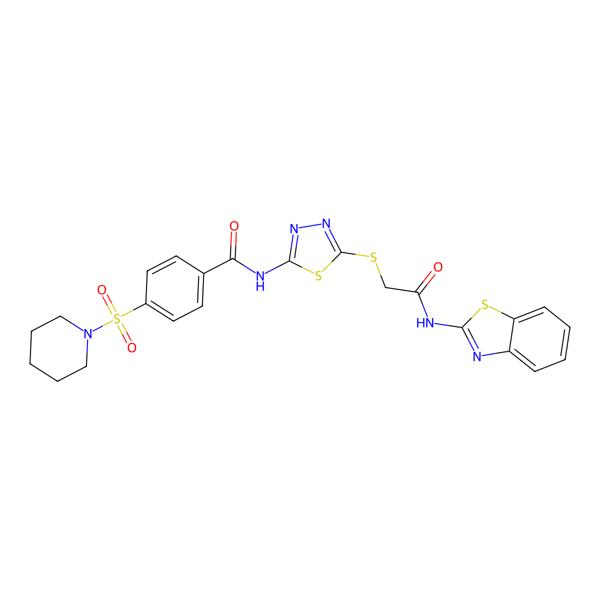 N-(5-((2-(benzo[d]thiazol-2-ylamino)-2-oxoethyl)thio)-1,3,4-thiadiazol-2-yl)-4-(piperidin-1-ylsulfonyl)benzamide molecular structure, CAS 317328-94-2