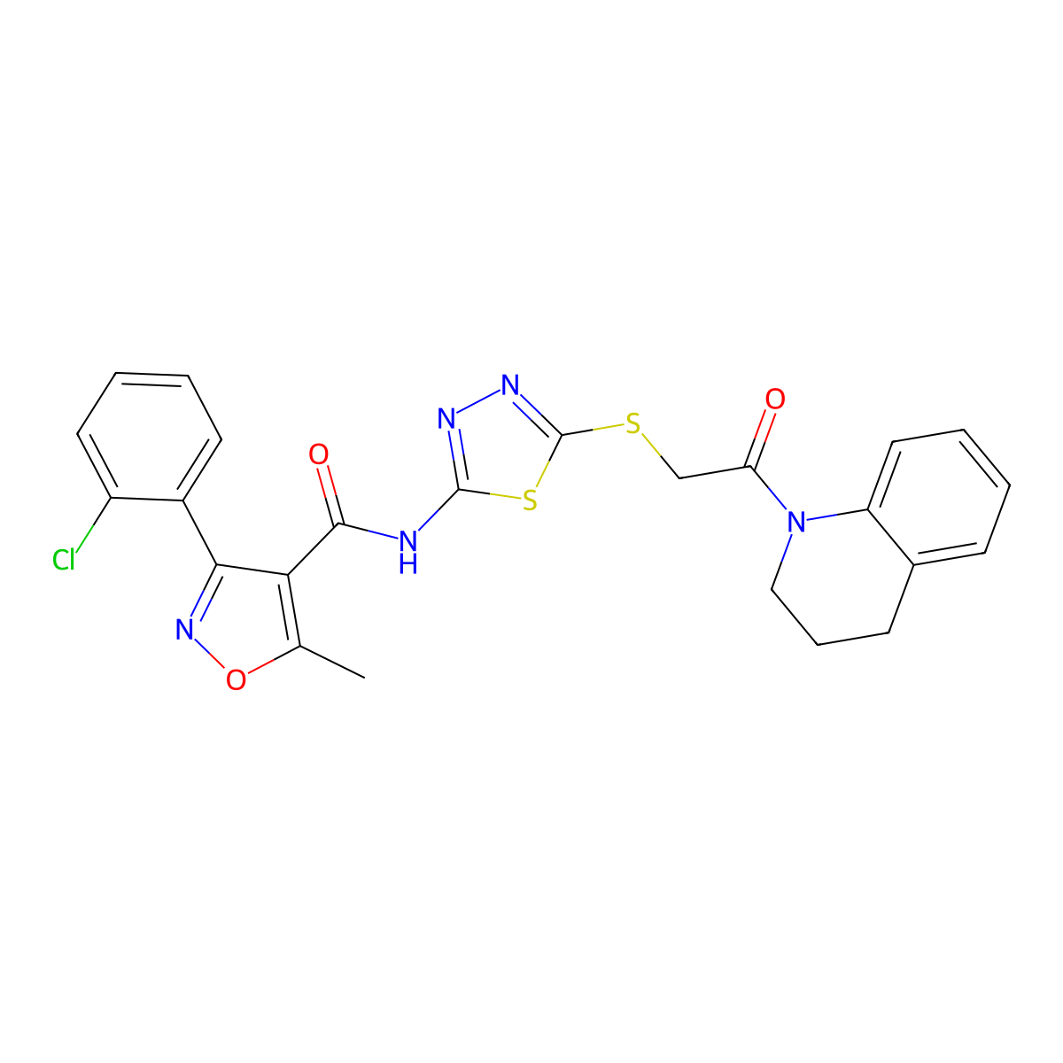 3-(2-chlorophenyl)-N-(5-((2-(3,4-dihydroquinolin-1(2H)-yl)-2-oxoethyl)thio)-1,3,4-thiadiazol-2-yl)-5-methylisoxazole-4-carboxamide molecular structure, CAS 317328-96-4