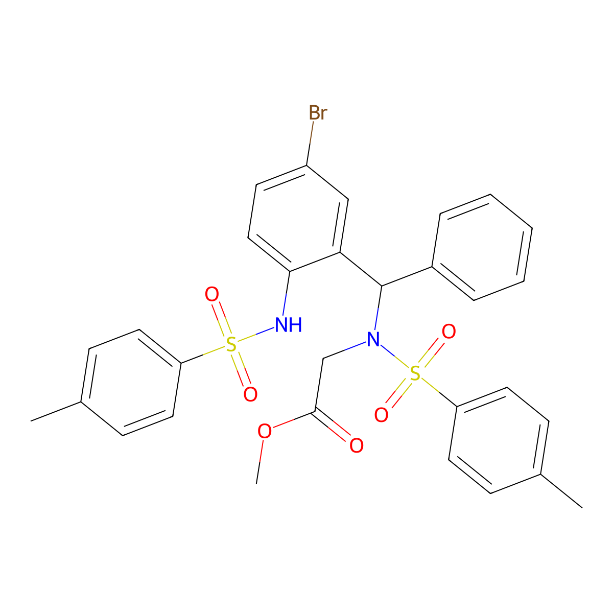 Methyl 2-(N-{[5-bromo-2-(4-methylbenzenesulfonamido)phenyl](phenyl)methyl}4-methylbenzenesulfonamido)acetate molecular structure, CAS 317376-22-0