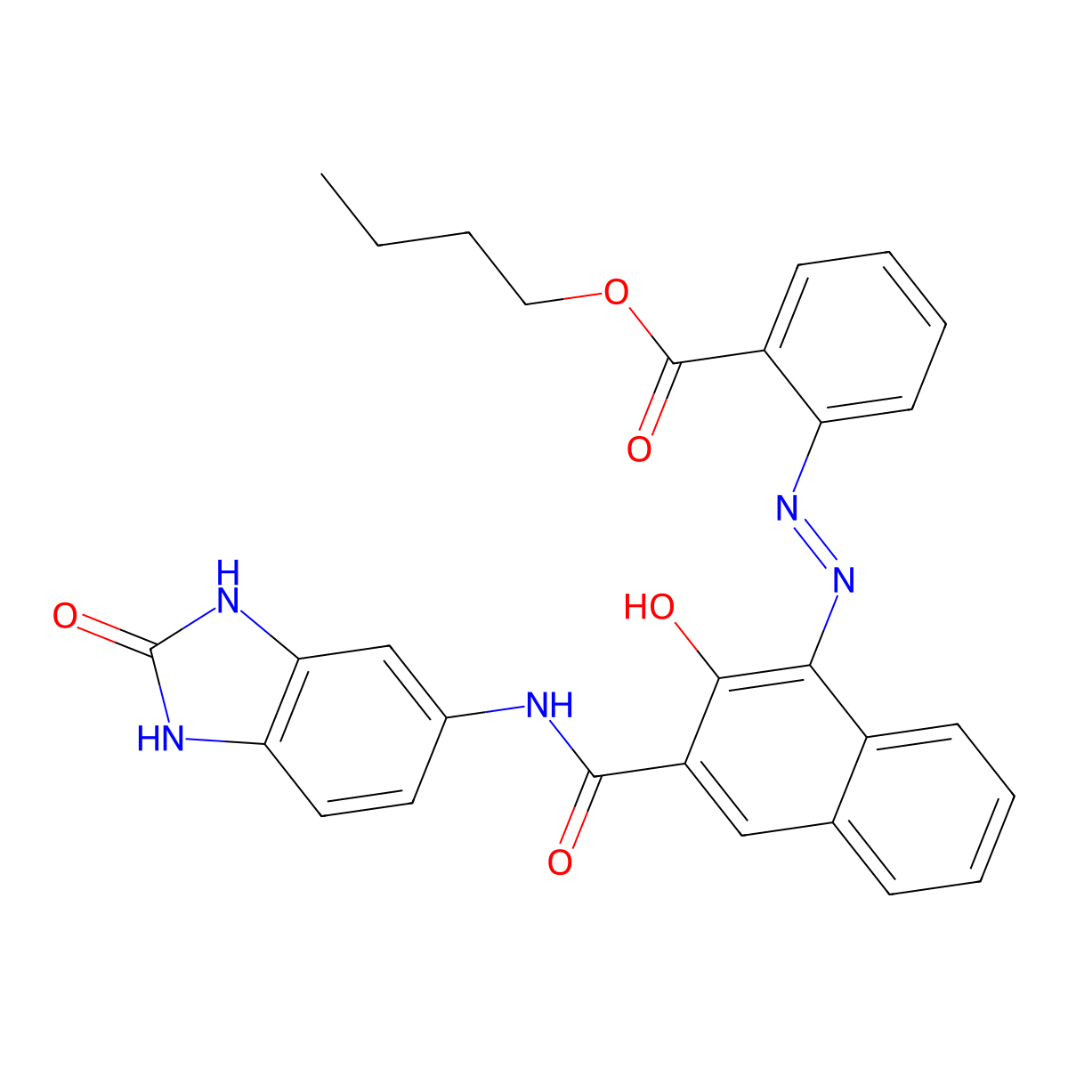 Benzoic acid, 2-[2-[3-[[(2,3-dihydro-2-oxo-1H-benzimidazol-5-yl)amino]carbonyl]-2-hydroxy-1-naphthalenyl]diazenyl]-, butyl ester molecular structure, CAS 31778-10-6