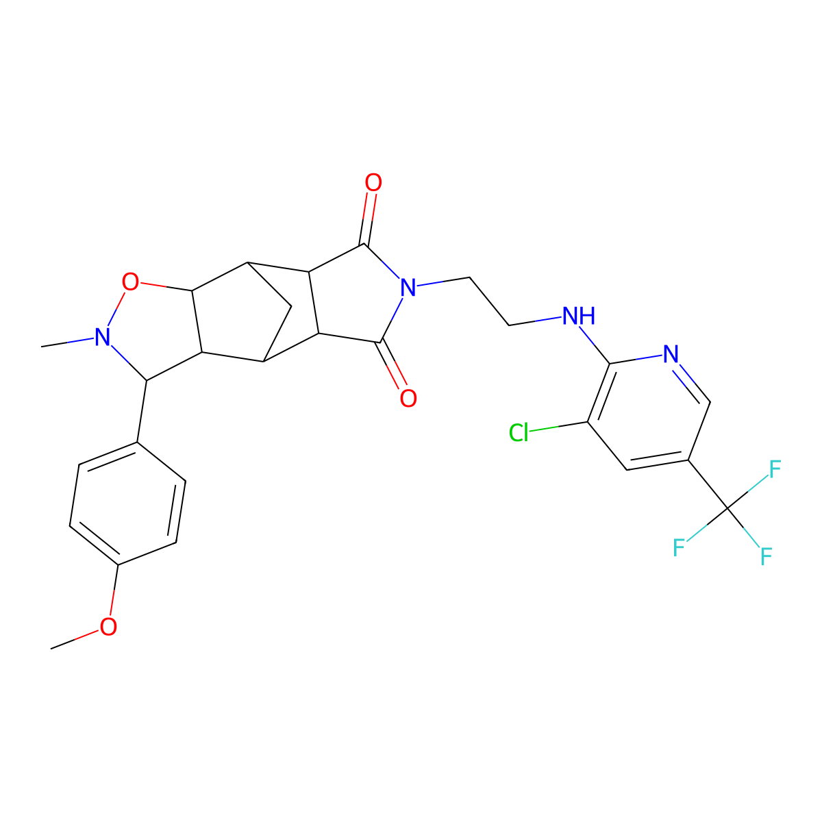 10-(2-{[3-Chloro-5-(trifluoromethyl)pyridin-2-yl]amino}ethyl)-5-(4-methoxyphenyl)-4-methyl-3-oxa-4,10-diazatetracyclo[5.5.1.0^{2,6}.0^{8,12}]tridecane-9,11-dione molecular structure, CAS 317820-40-9