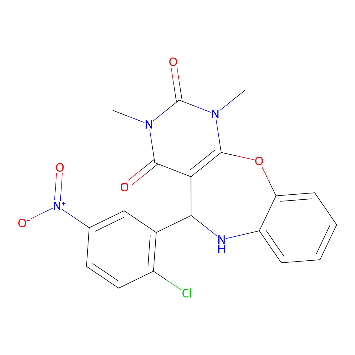 5-{2-chloro-5-nitrophenyl}-1,3-dimethyl-5,6-dihydropyrimido[4,5-b][1,5]benzoxazepine-2,4(1H,3H)-dione molecular structure, CAS 317840-15-6