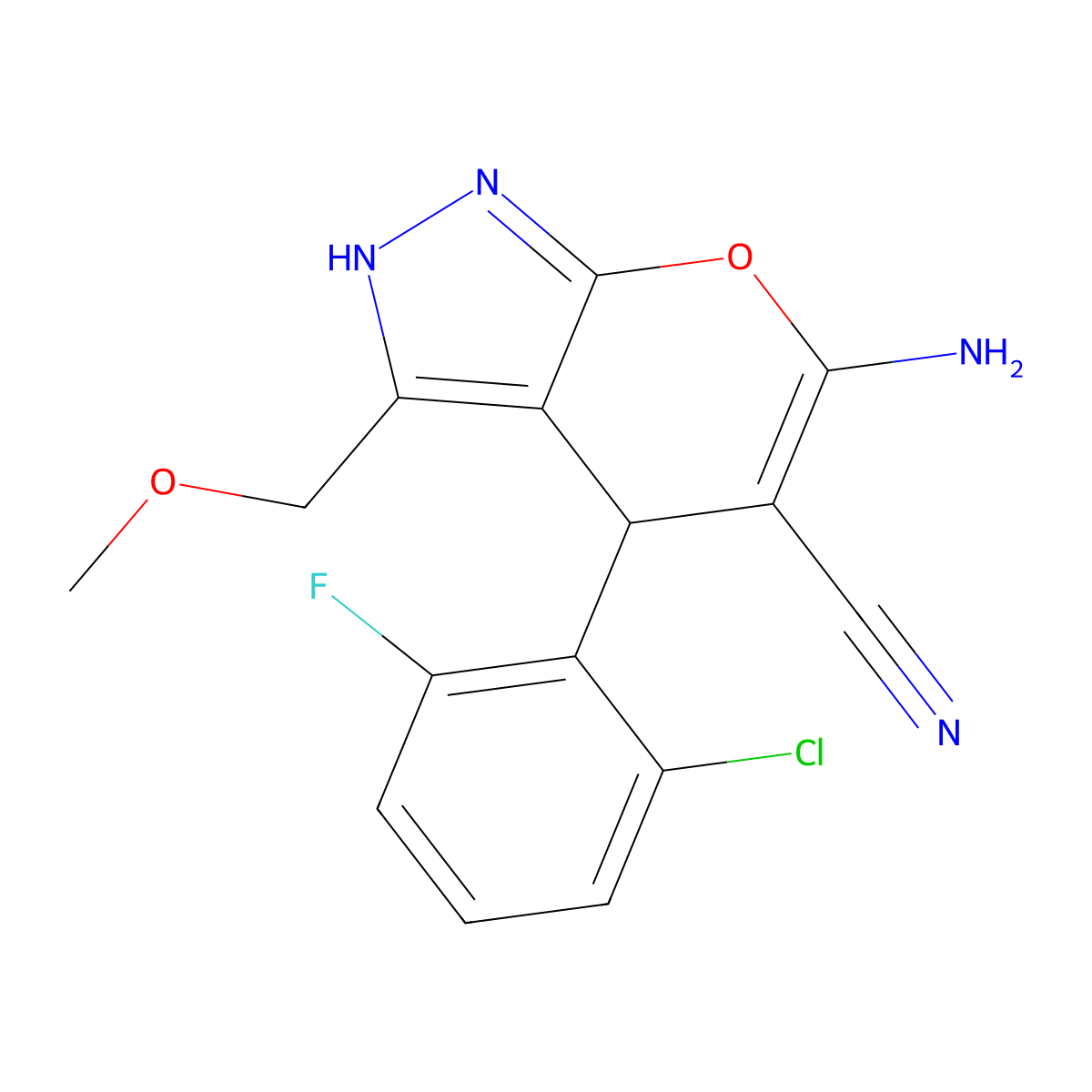 6-Amino-4-(2-chloro-6-fluorophenyl)-3-(methoxymethyl)-2,4-dihydropyrano[2,3-c]pyrazole-5-carbonitrile molecular structure, CAS 317840-31-6