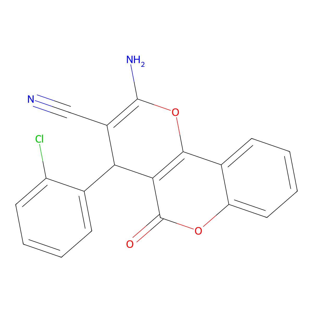 2-amino-4-(2-chlorophenyl)-5-oxo-4H,5H-pyrano[3,2-c]chromene-3-carbonitrile molecular structure, CAS 317841-40-0
