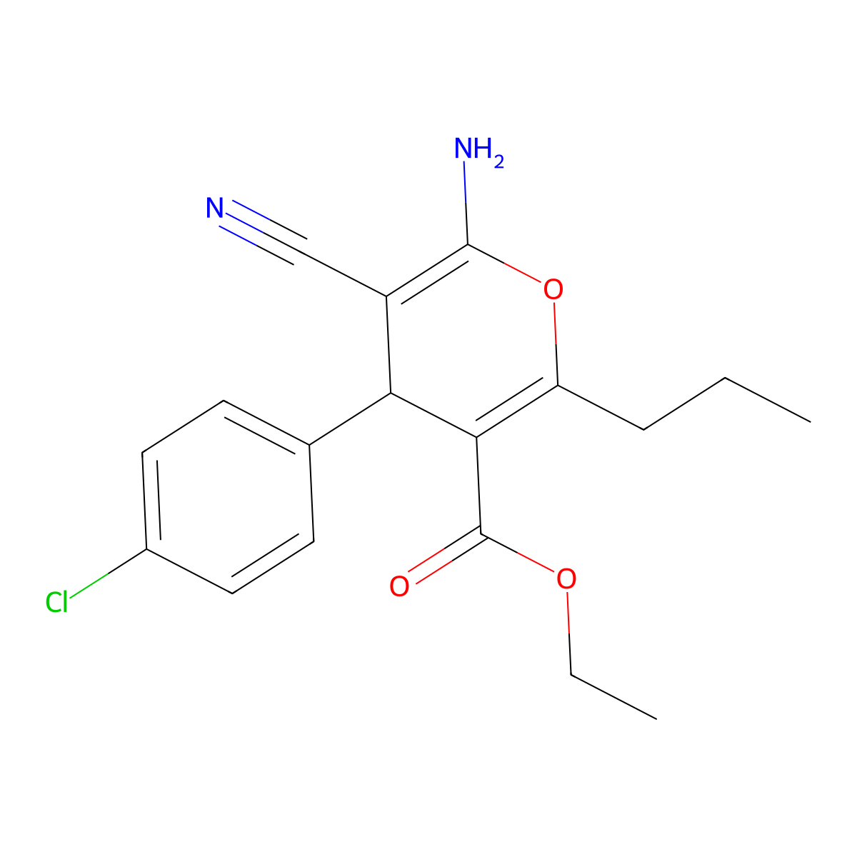 ethyl 6-amino-4-(4-chlorophenyl)-5-cyano-2-propyl-4H-pyran-3-carboxylate molecular structure, CAS 317841-72-8