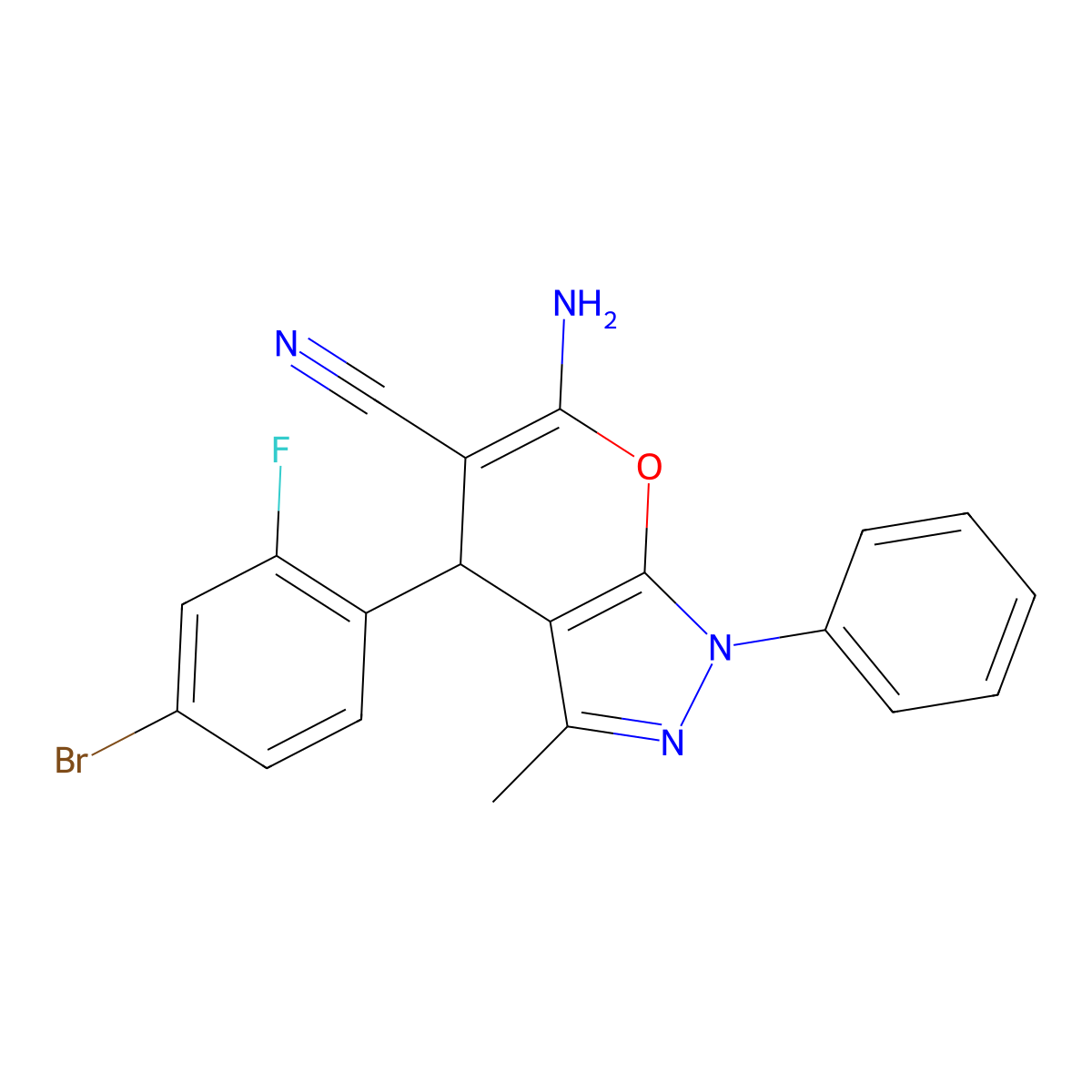 6-Amino-4-(4-bromo-2-fluorophenyl)-3-methyl-1-phenyl-1,4-dihydropyrano[2,3-c]pyrazole-5-carbonitrile molecular structure, CAS 317842-13-0