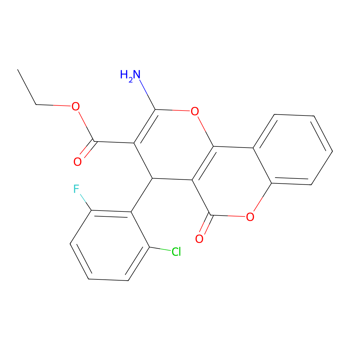 ethyl 2-amino-4-(2-chloro-6-fluorophenyl)-5-oxo-4H,5H-pyrano[3,2-c]chromene-3-carboxylate molecular structure, CAS 317842-19-6