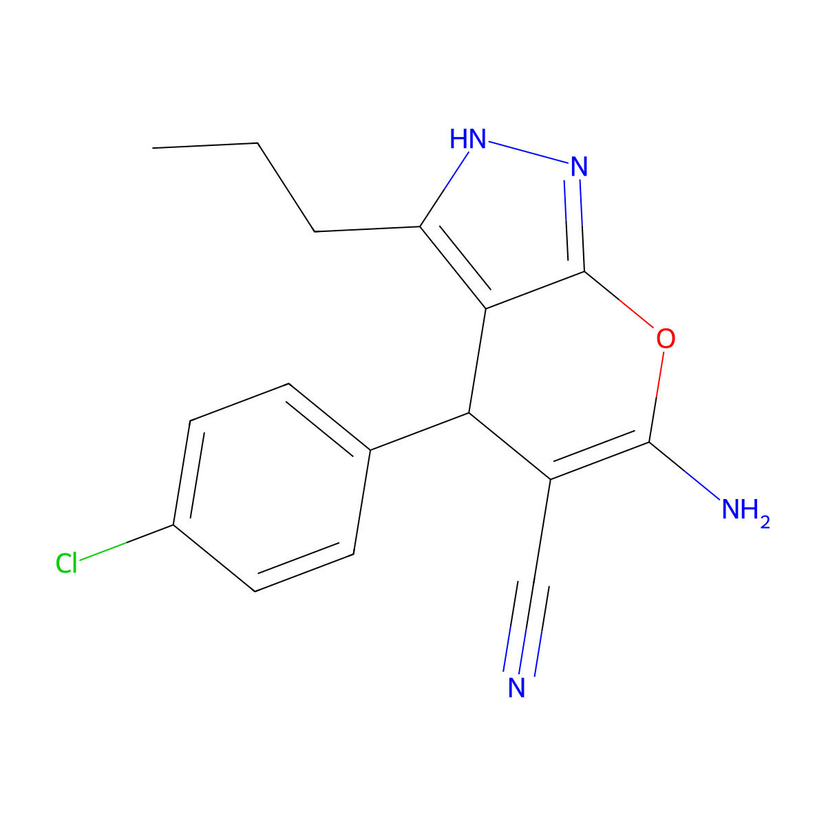 6-Amino-4-(4-chlorophenyl)-3-propyl-1,4-dihydropyrano[2,3-c]pyrazole-5-carbonitrile molecular structure, CAS 317842-47-0