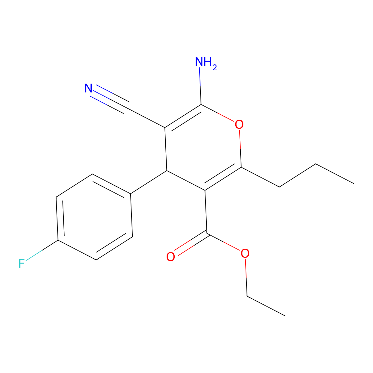 Ethyl 6-amino-5-cyano-4-(4-fluorophenyl)-2-propyl-4H-pyran-3-carboxylate molecular structure, CAS 317843-65-5