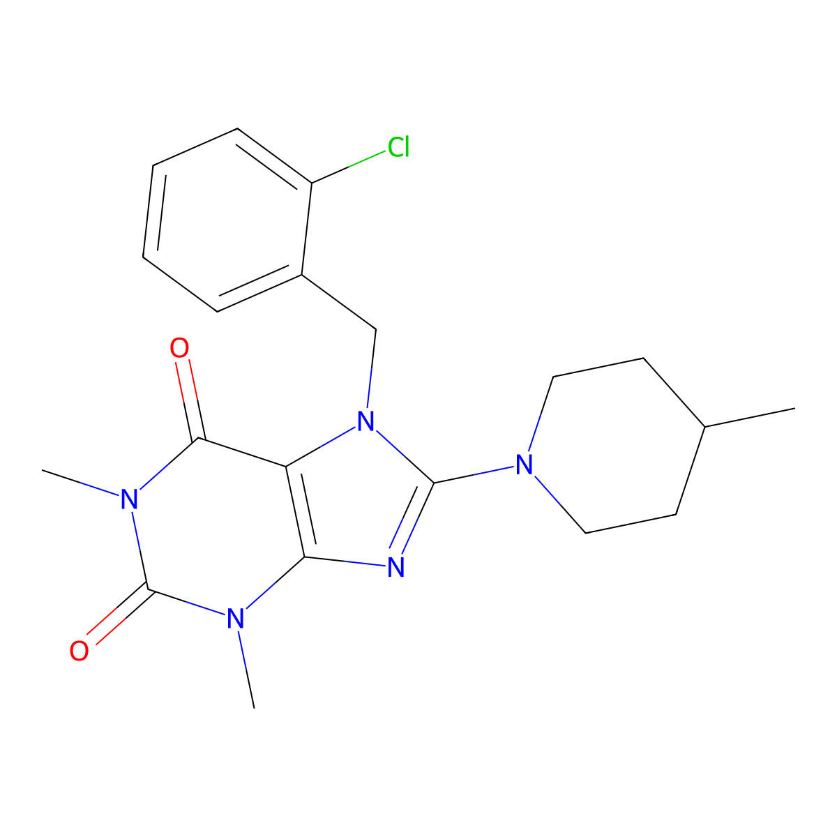 7-(2-chlorobenzyl)-1,3-dimethyl-8-(4-methylpiperidin-1-yl)-3,7-dihydro-1H-purine-2,6-dione molecular structure, CAS 317844-51-2