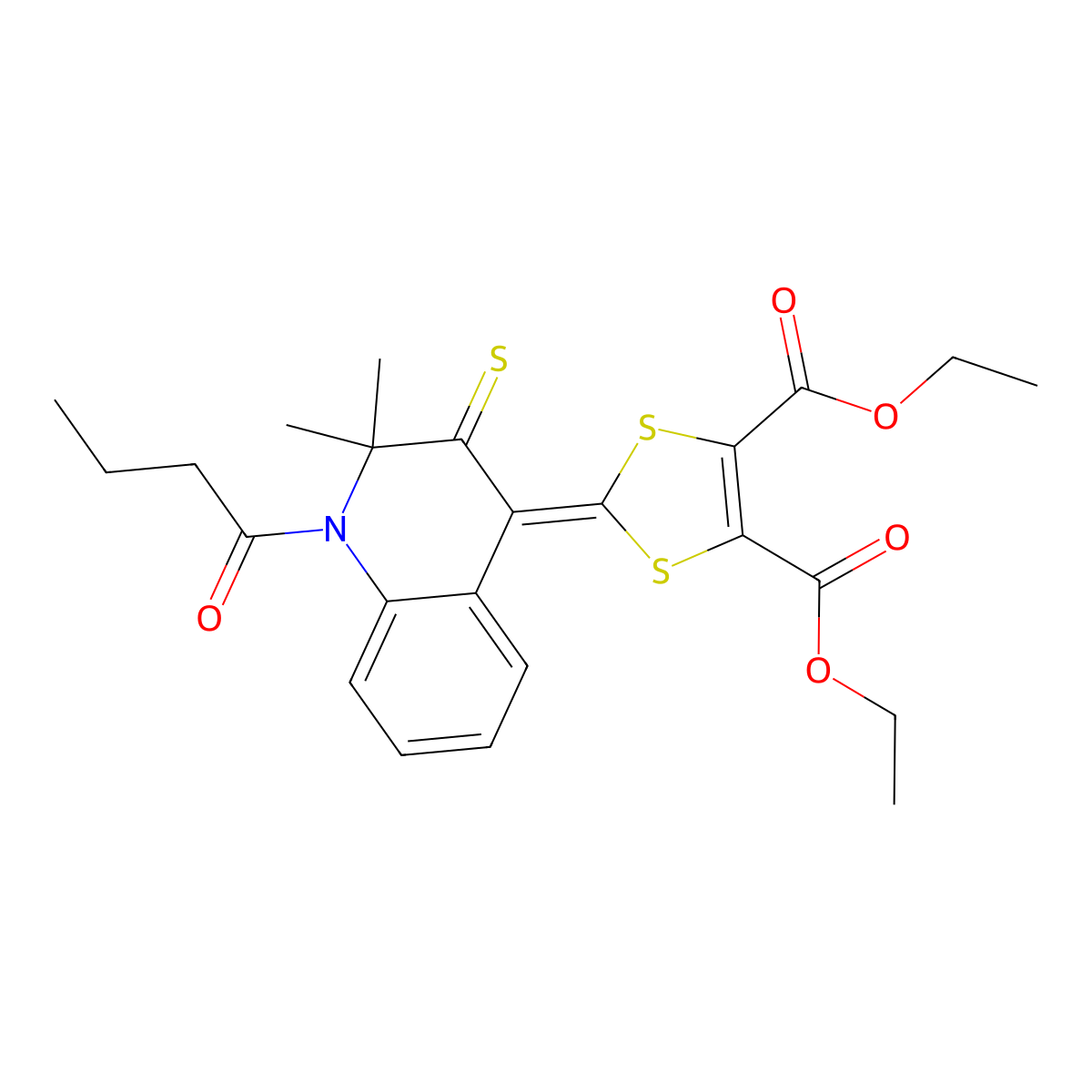 Diethyl 2-(1-butanoyl-2,2-dimethyl-3-sulfanylidenequinolin-4-ylidene)-1,3-dithiole-4,5-dicarboxylate molecular structure, CAS 317844-62-5