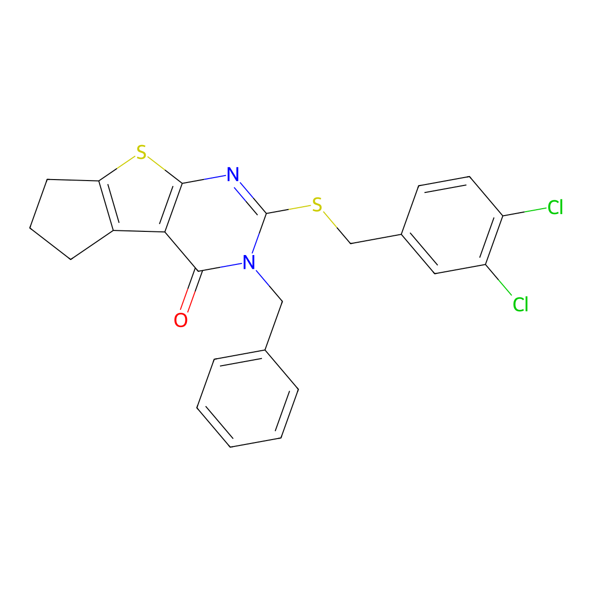 3-benzyl-2-[(3,4-dichlorobenzyl)sulfanyl]-3,5,6,7-tetrahydro-4H-cyclopenta[4,5]thieno[2,3-d]pyrimidin-4-one molecular structure, CAS 317844-63-6