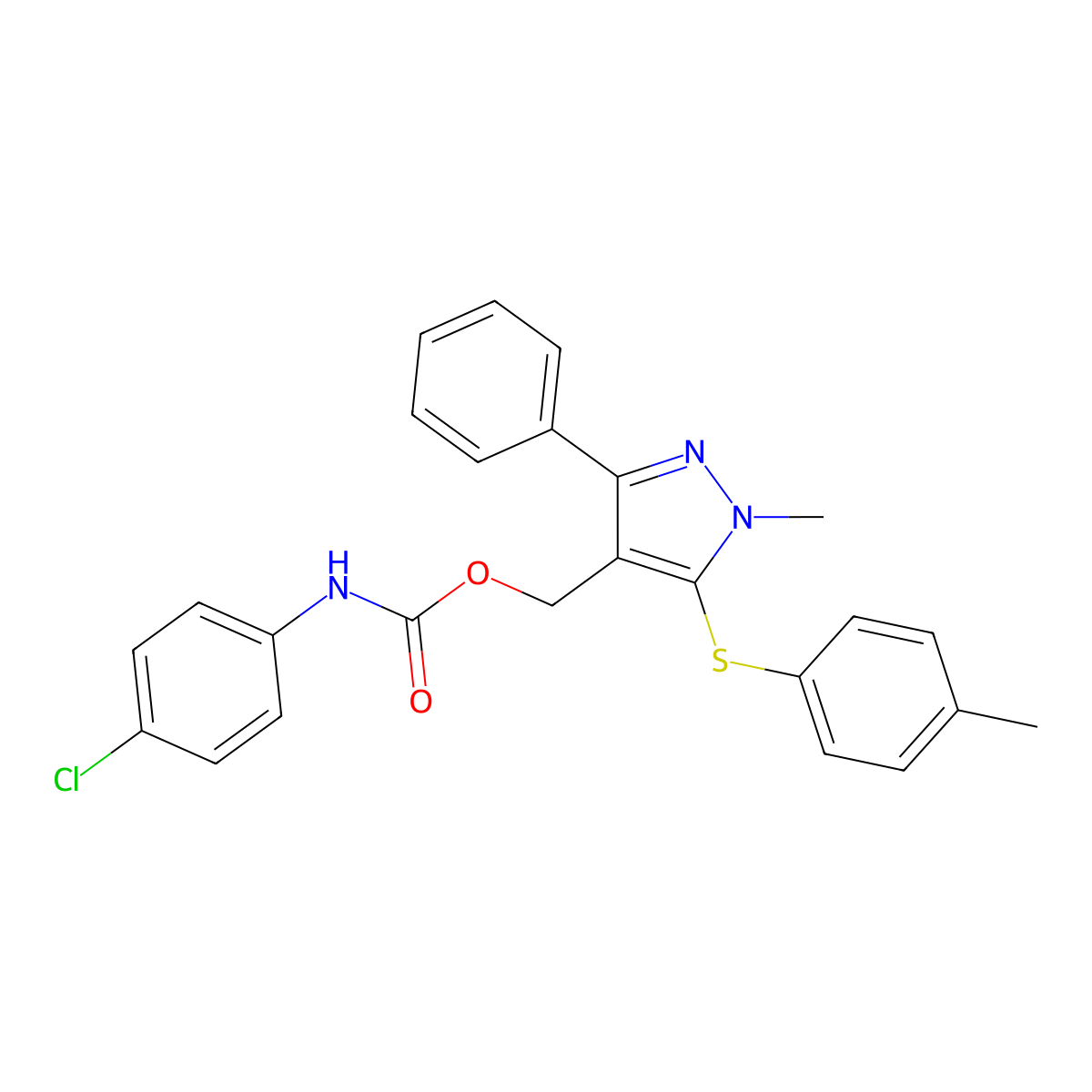 {1-methyl-5-[(4-methylphenyl)sulfanyl]-3-phenyl-1H-pyrazol-4-yl}methyl N-(4-chlorophenyl)carbamate molecular structure, CAS 318234-02-5
