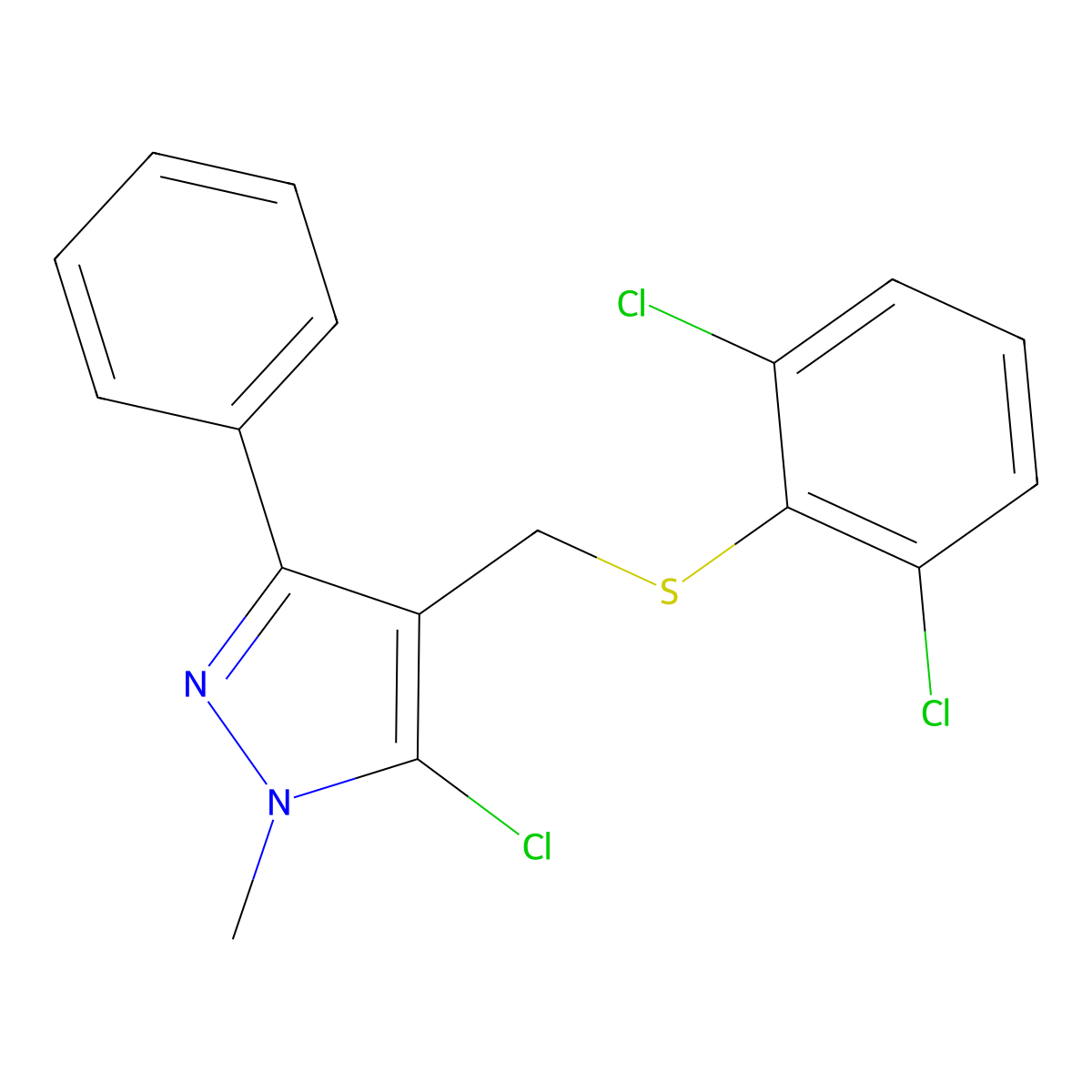 5-chloro-4-{[(2,6-dichlorophenyl)sulfanyl]methyl}-1-methyl-3-phenyl-1H-pyrazole molecular structure, CAS 318234-03-6