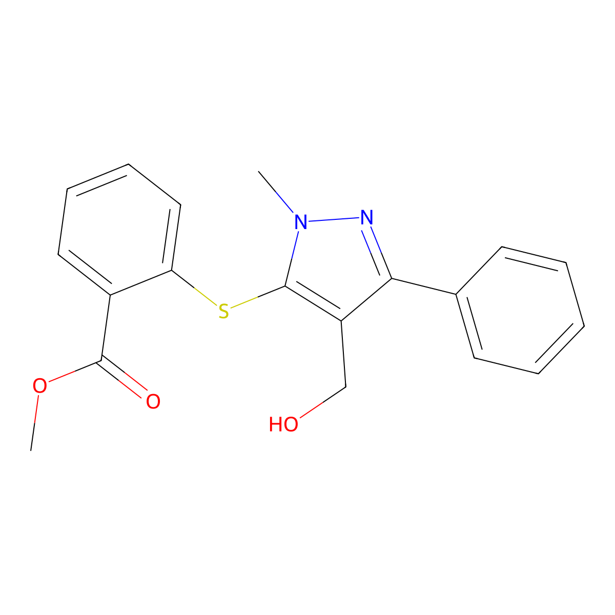 methyl 2-{[4-(hydroxymethyl)-1-methyl-3-phenyl-1H-pyrazol-5-yl]sulfanyl}benzenecarboxylate molecular structure, CAS 318234-06-9