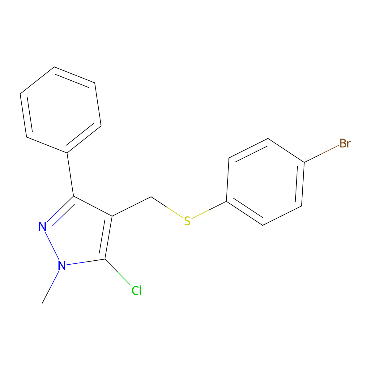 4-{[(4-bromophenyl)sulfanyl]methyl}-5-chloro-1-methyl-3-phenyl-1H-pyrazole molecular structure, CAS 318234-10-5