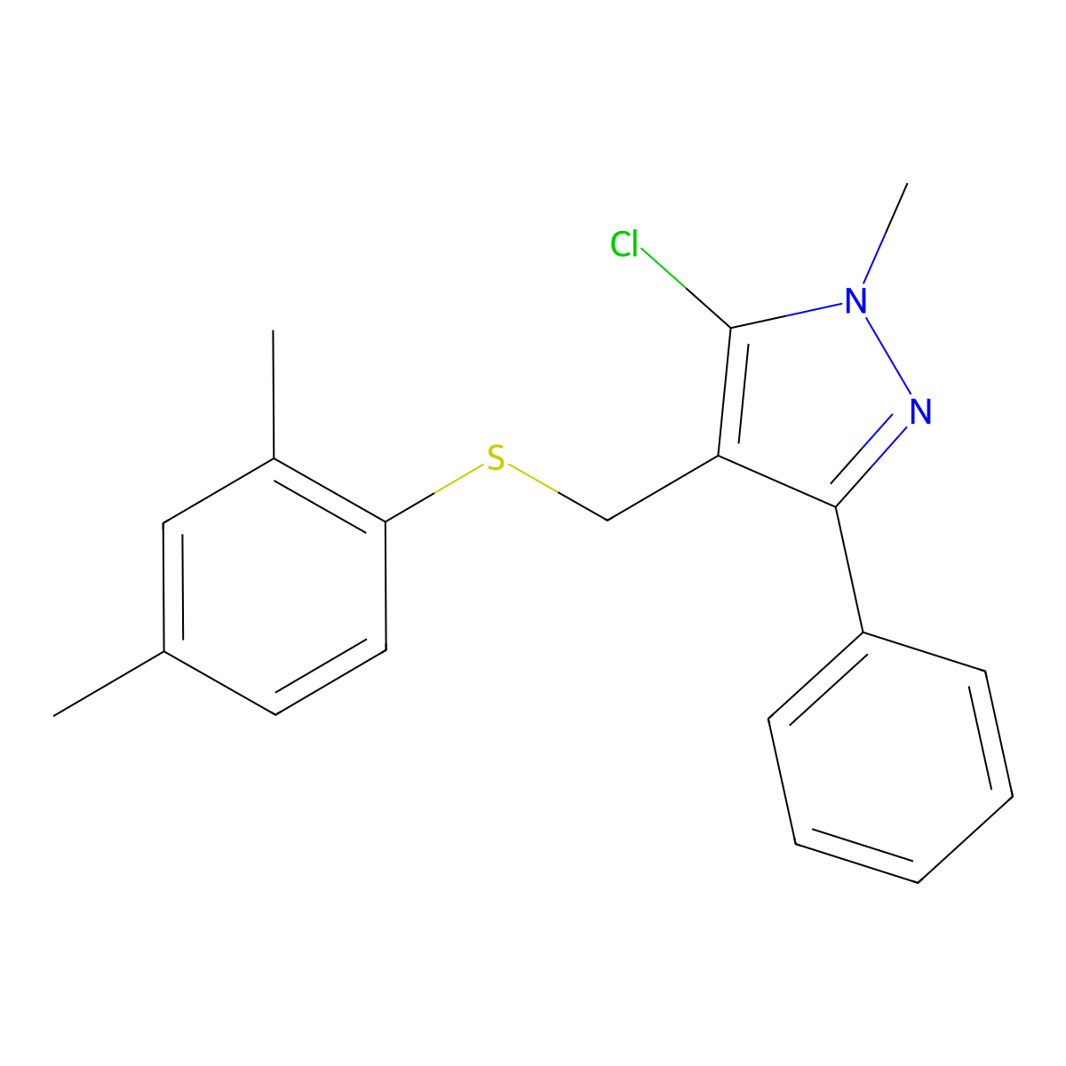 5-chloro-4-{[(2,4-dimethylphenyl)sulfanyl]methyl}-1-methyl-3-phenyl-1H-pyrazole molecular structure, CAS 318234-14-9