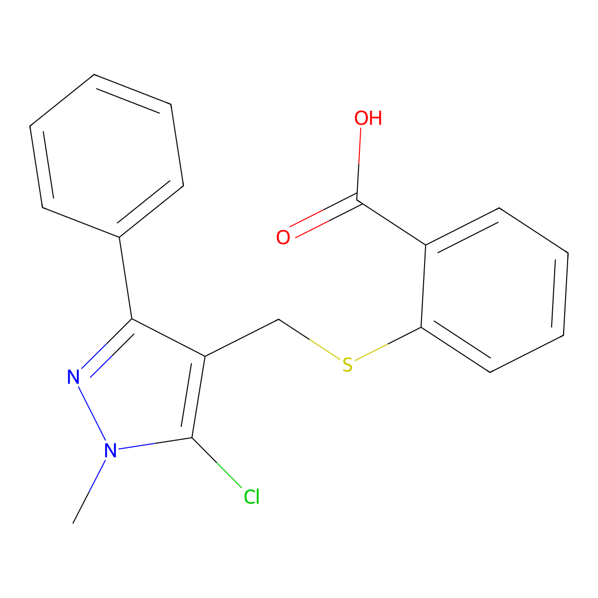 2-[(5-Chloro-1-methyl-3-phenylpyrazol-4-yl)methylsulfanyl]benzoic acid molecular structure, CAS 318234-17-2