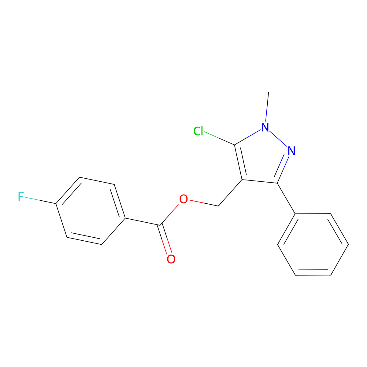 (5-chloro-1-methyl-3-phenyl-1H-pyrazol-4-yl)methyl 4-fluorobenzenecarboxylate molecular structure, CAS 318234-23-0