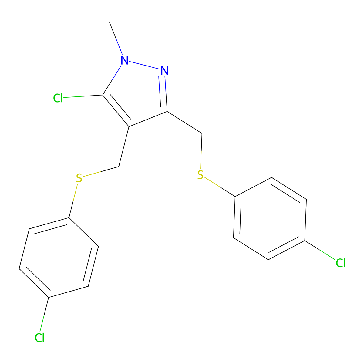 5-chloro-3,4-bis{[(4-chlorophenyl)sulfanyl]methyl}-1-methyl-1H-pyrazole molecular structure, CAS 318234-29-6