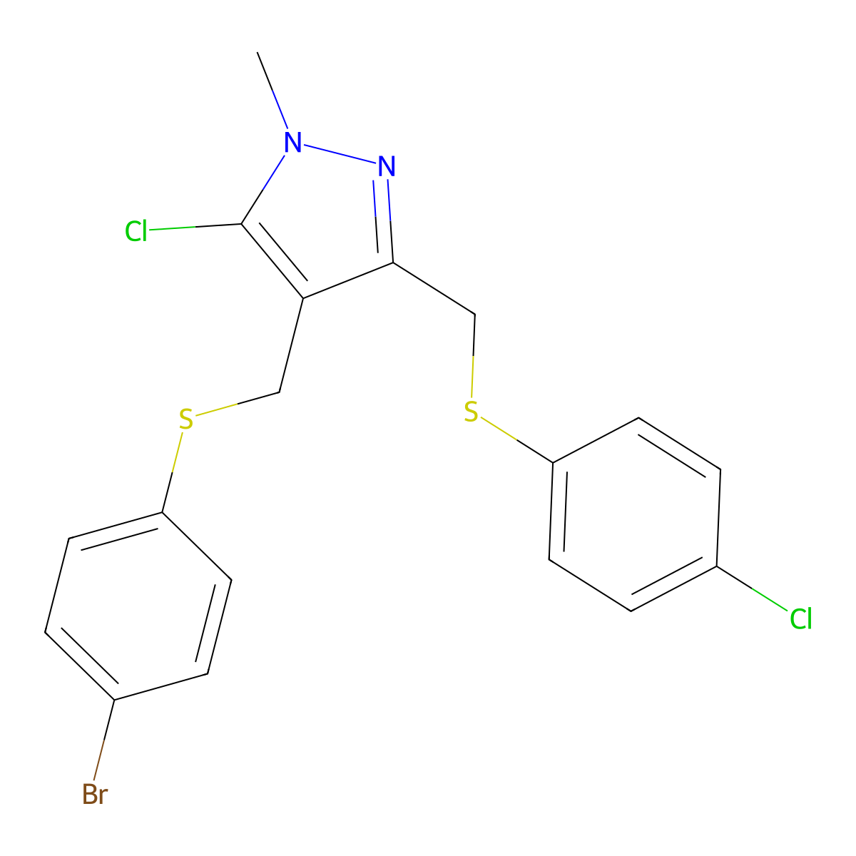 4-{[(4-bromophenyl)sulfanyl]methyl}-5-chloro-3-{[(4-chlorophenyl)sulfanyl]methyl}-1-methyl-1H-pyrazole molecular structure, CAS 318234-31-0