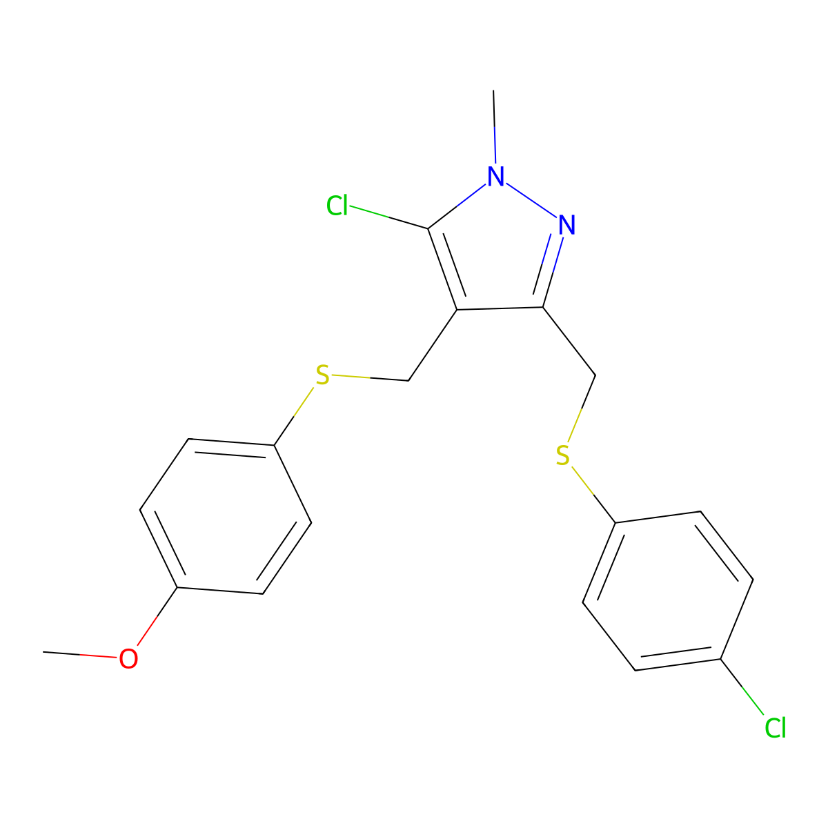 4-{[(5-chloro-3-{[(4-chlorophenyl)sulfanyl]methyl}-1-methyl-1H-pyrazol-4-yl)methyl]sulfanyl}phenyl methyl ether molecular structure, CAS 318234-32-1
