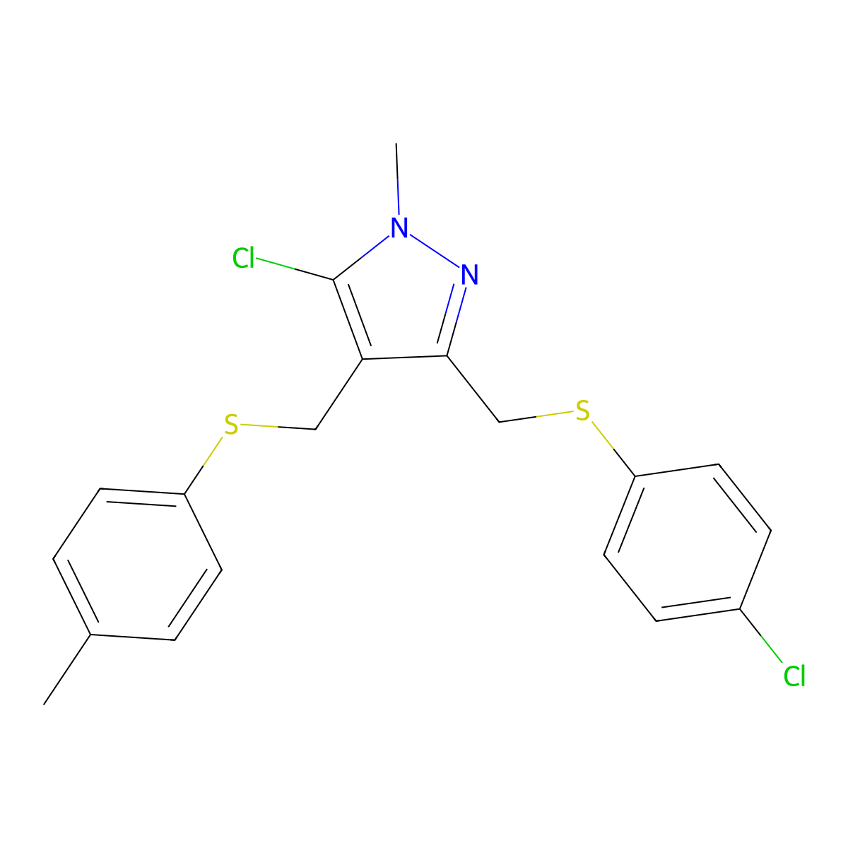 5-Chloro-3-[(4-chlorophenyl)sulfanylmethyl]-1-methyl-4-[(4-methylphenyl)sulfanylmethyl]pyrazole molecular structure, CAS 318234-35-4