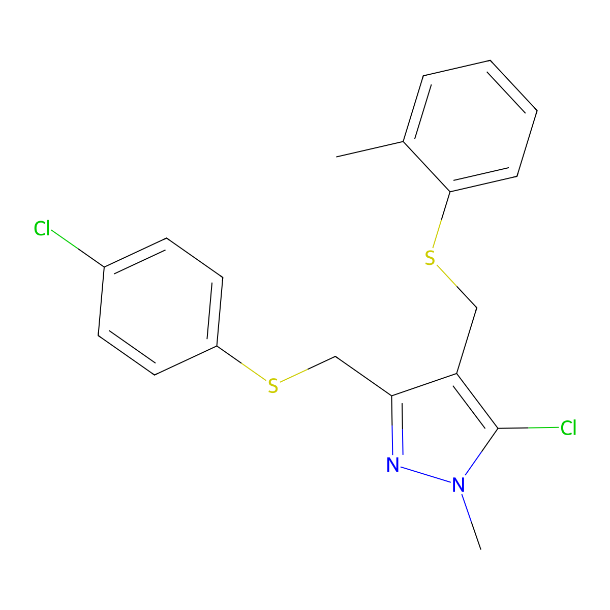 5-Chloro-3-[(4-chlorophenyl)sulfanylmethyl]-1-methyl-4-[(2-methylphenyl)sulfanylmethyl]pyrazole molecular structure, CAS 318234-39-8