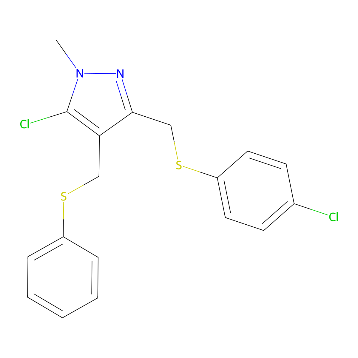 5-Chloro-3-[(4-chlorophenyl)sulfanylmethyl]-1-methyl-4-(phenylsulfanylmethyl)pyrazole molecular structure, CAS 318234-40-1