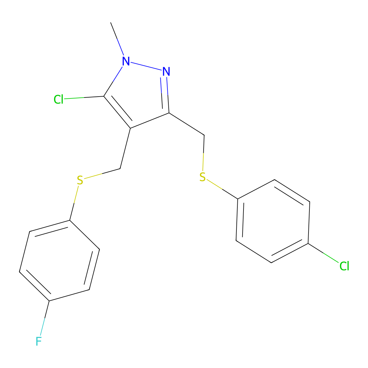 (5-chloro-3-{[(4-chlorophenyl)sulfanyl]methyl}-1-methyl-1H-pyrazol-4-yl)methyl 4-fluorophenyl sulfide molecular structure, CAS 318234-41-2