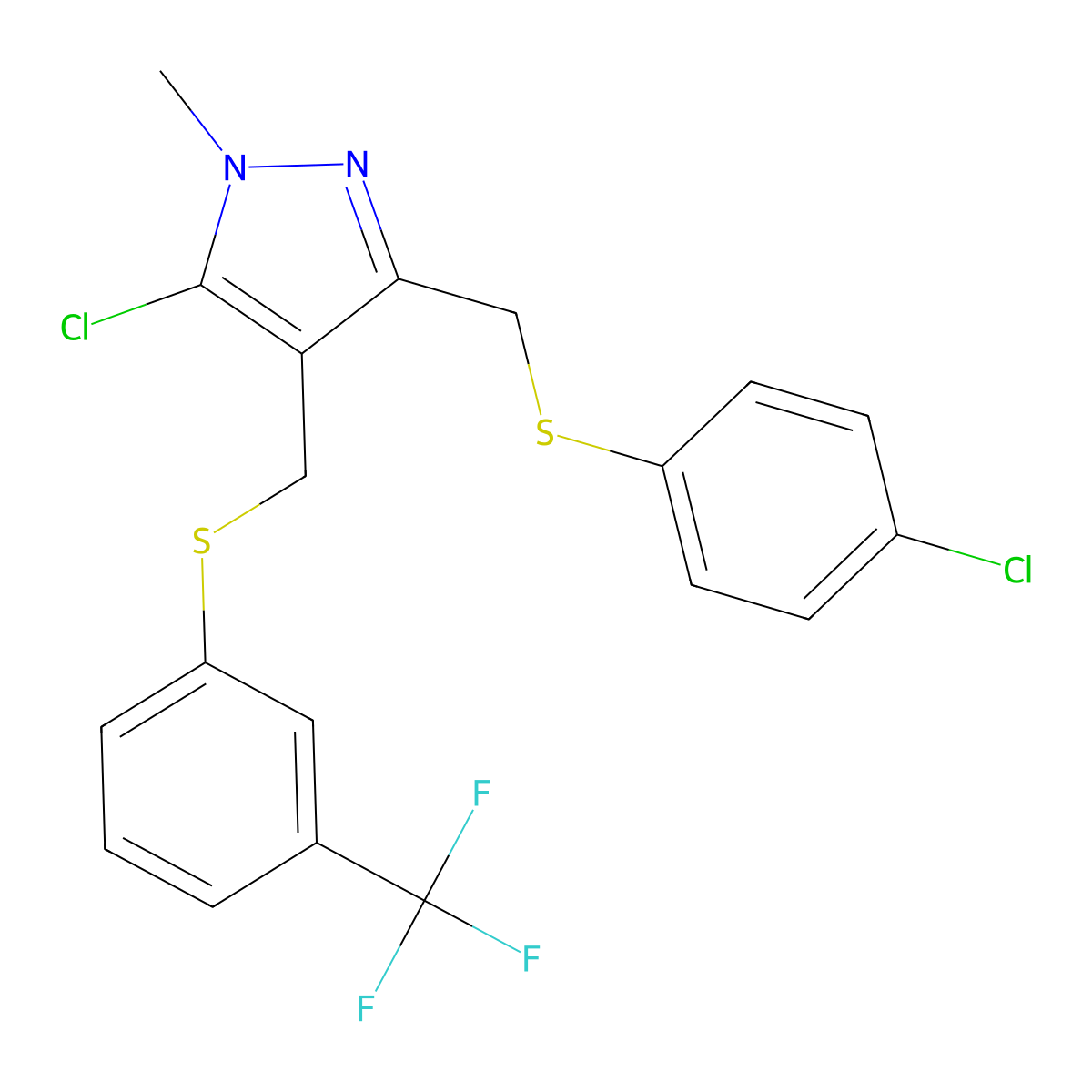 (5-chloro-3-{[(4-chlorophenyl)sulfanyl]methyl}-1-methyl-1H-pyrazol-4-yl)methyl 3-(trifluoromethyl)phenyl sulfide molecular structure, CAS 318234-42-3