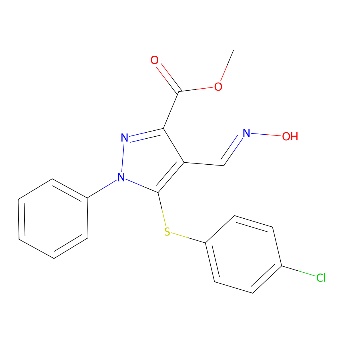 methyl 5-[(4-chlorophenyl)sulfanyl]-4-[(hydroxyimino)methyl]-1-phenyl-1H-pyrazole-3-carboxylate molecular structure, CAS 318237-99-9