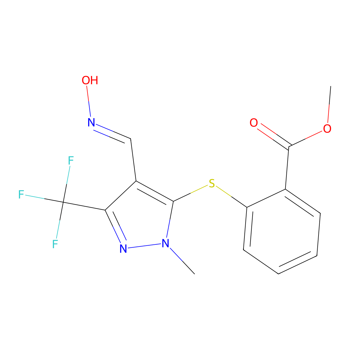 methyl 2-{[4-[(hydroxyimino)methyl]-1-methyl-3-(trifluoromethyl)-1H-pyrazol-5-yl]sulfanyl}benzenecarboxylate molecular structure, CAS 318238-26-5