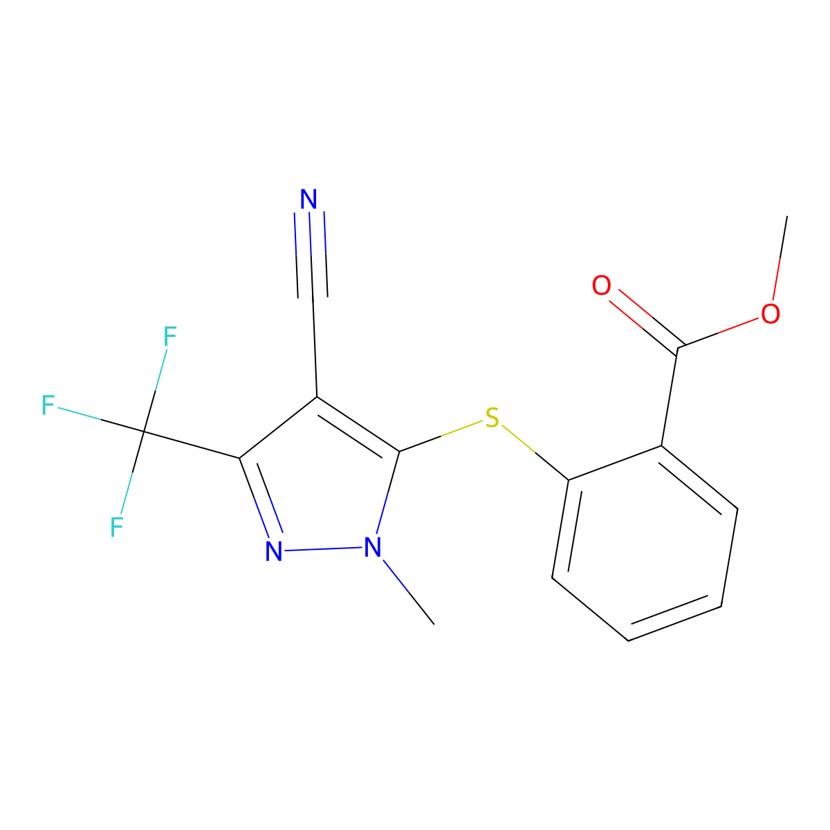 methyl 2-{[4-cyano-1-methyl-3-(trifluoromethyl)-1H-pyrazol-5-yl]sulfanyl}benzenecarboxylate molecular structure, CAS 318239-35-9