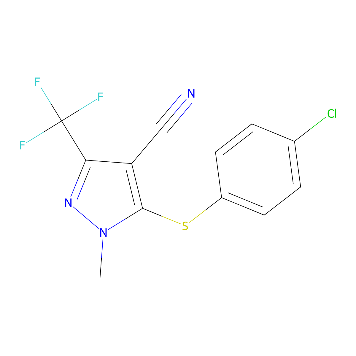 5-[(4-chlorophenyl)sulfanyl]-1-methyl-3-(trifluoromethyl)-1H-pyrazole-4-carbonitrile molecular structure, CAS 318239-38-2