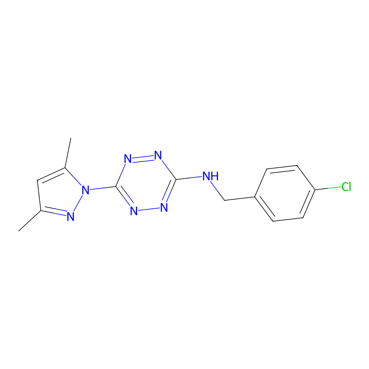 N-[(4-chlorophenyl)methyl]-6-(3,5-dimethyl-1-pyrazolyl)-1,2,4,5-tetrazin-3-amine molecular structure, CAS 318239-48-4