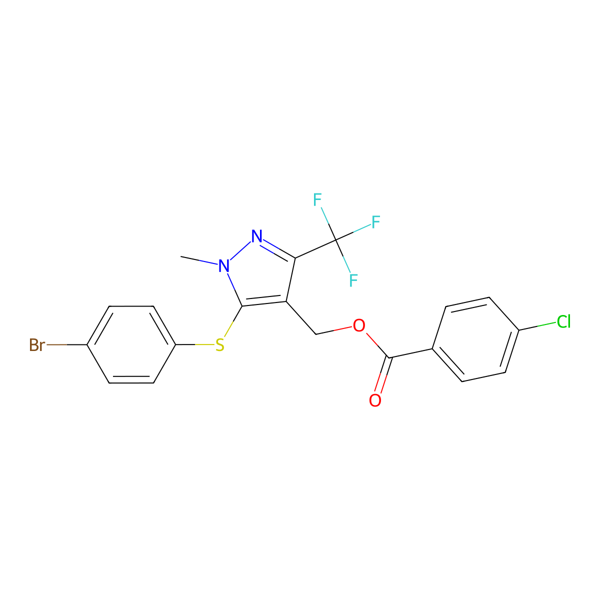 [5-(4-Bromophenyl)sulfanyl-1-methyl-3-(trifluoromethyl)pyrazol-4-yl]methyl 4-chlorobenzoate molecular structure, CAS 318239-61-1